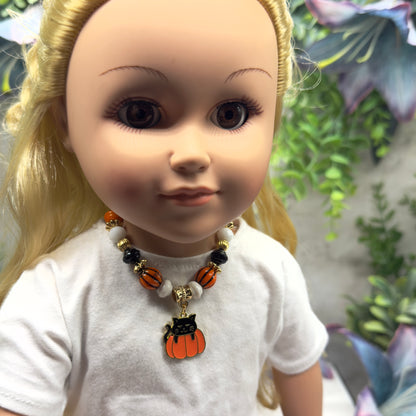 Cat in Pumpkin Charm Halloween Beaded Doll Necklace • 18 Inch Fashion Doll Jewelry