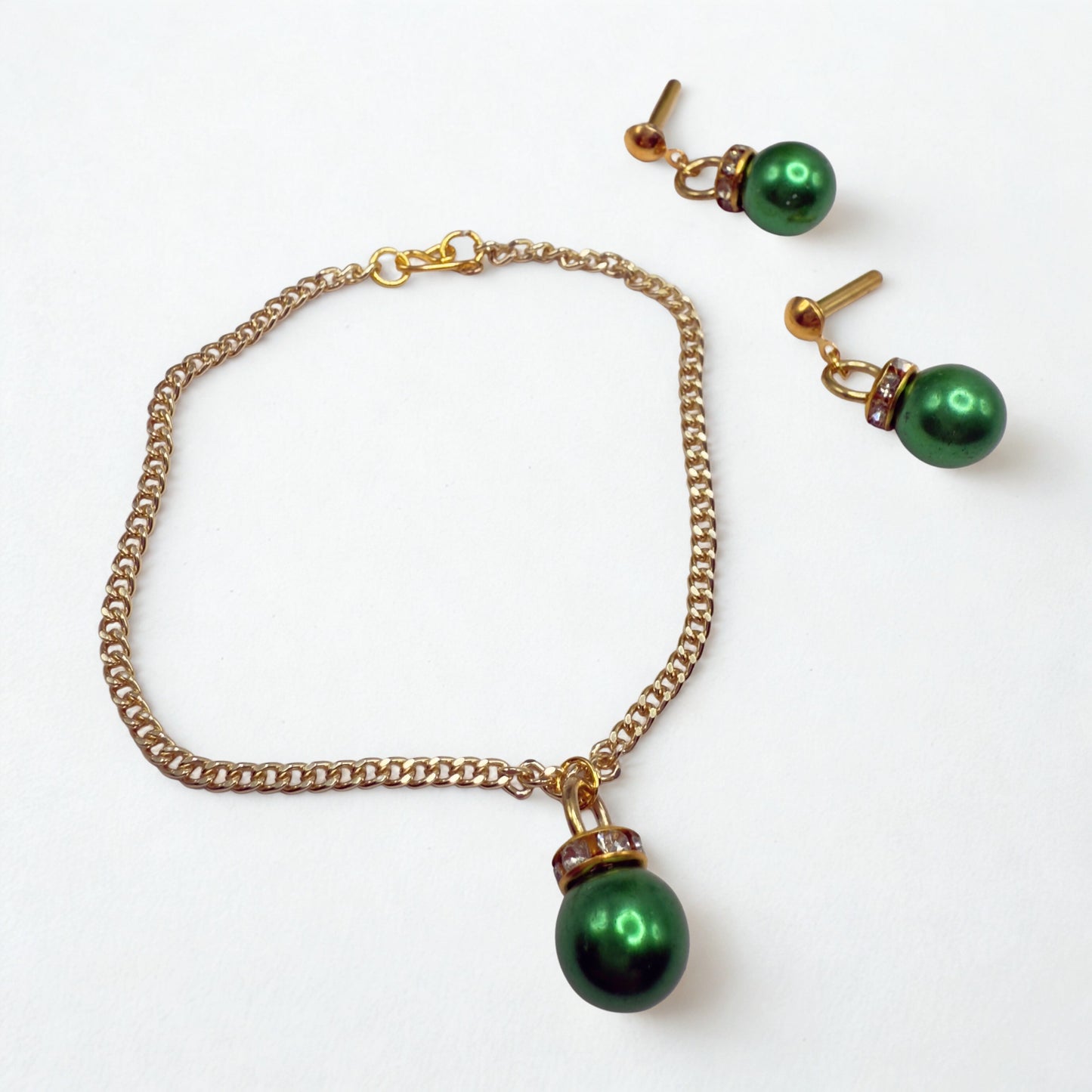 Green Christmas Ball Ornament Charm Doll Necklace & Dangle Doll Earrings • 2mm Post for 18 Inch Fashion Doll