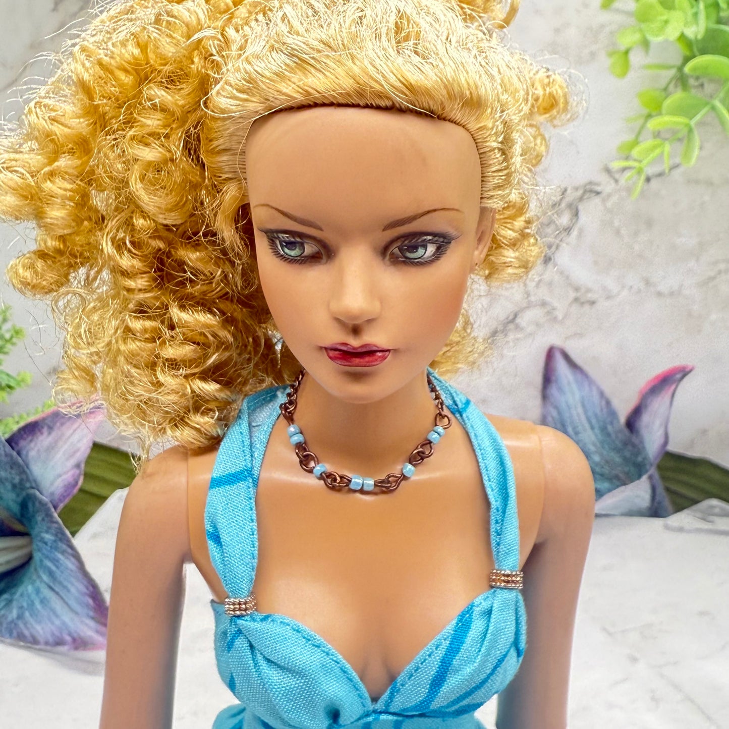 Light Blue Glass Beads Bronze Copper Tone Doll Necklace • 16 Inch Fashion Doll Jewelry