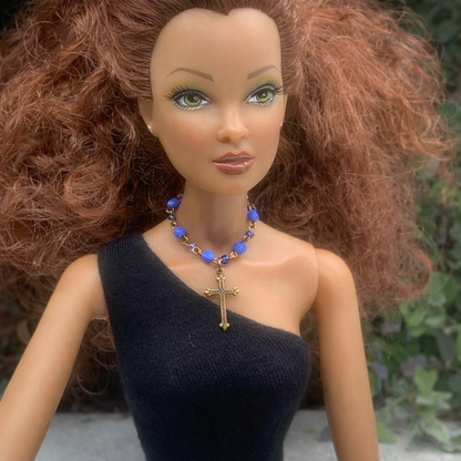 Blue Glass Cross Pendant Doll Necklace • 16 Inch Fashion Doll Jewelry