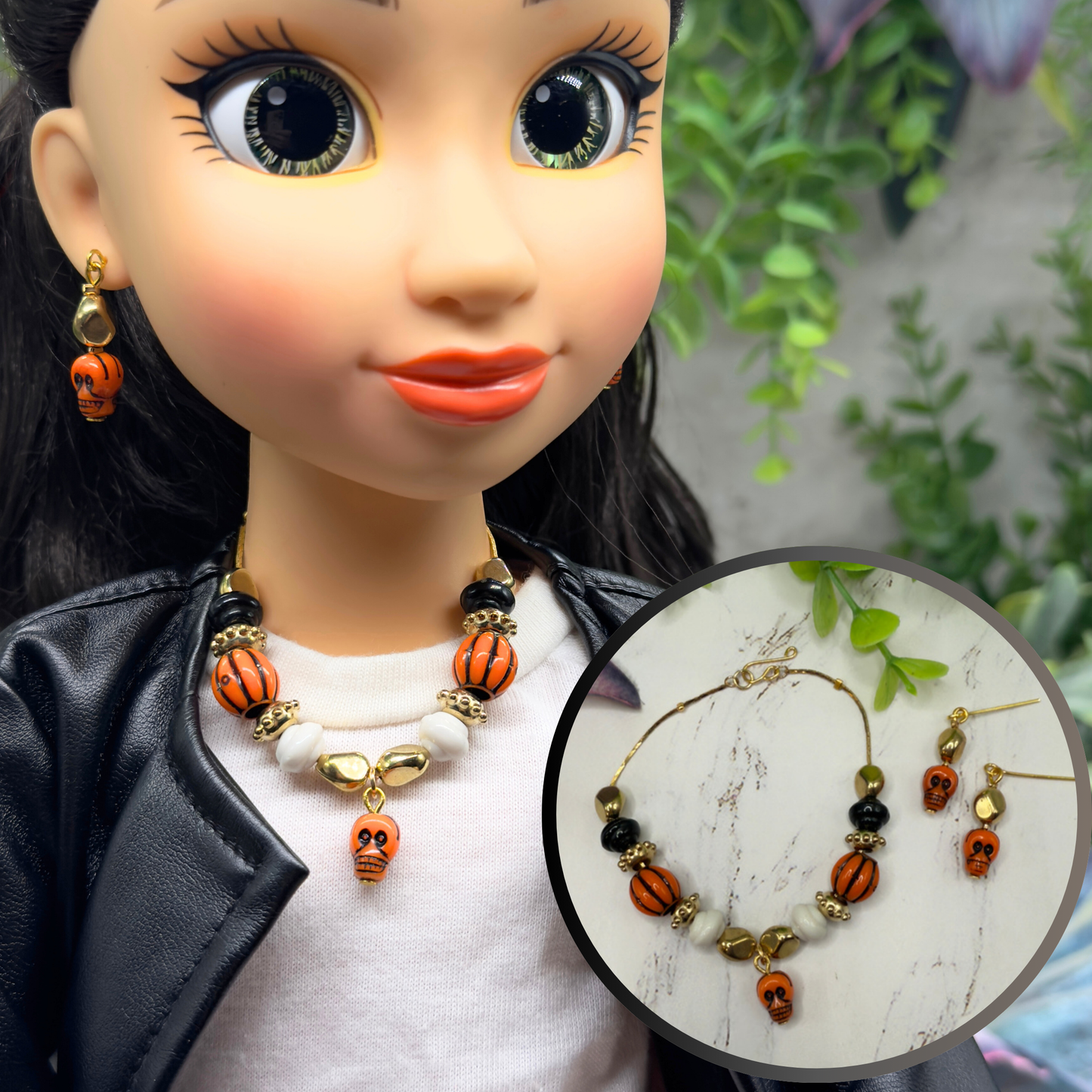 Skull Charm Halloween Acrylic Slide Bead Gold Chain Doll Necklace and Earrings Set • 18 Inch Fashion Doll Jewelry