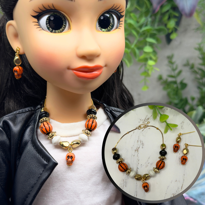 Skull Charm Halloween Acrylic Slide Bead Gold Chain Doll Necklace and Earrings Set • 18 Inch Fashion Doll Jewelry