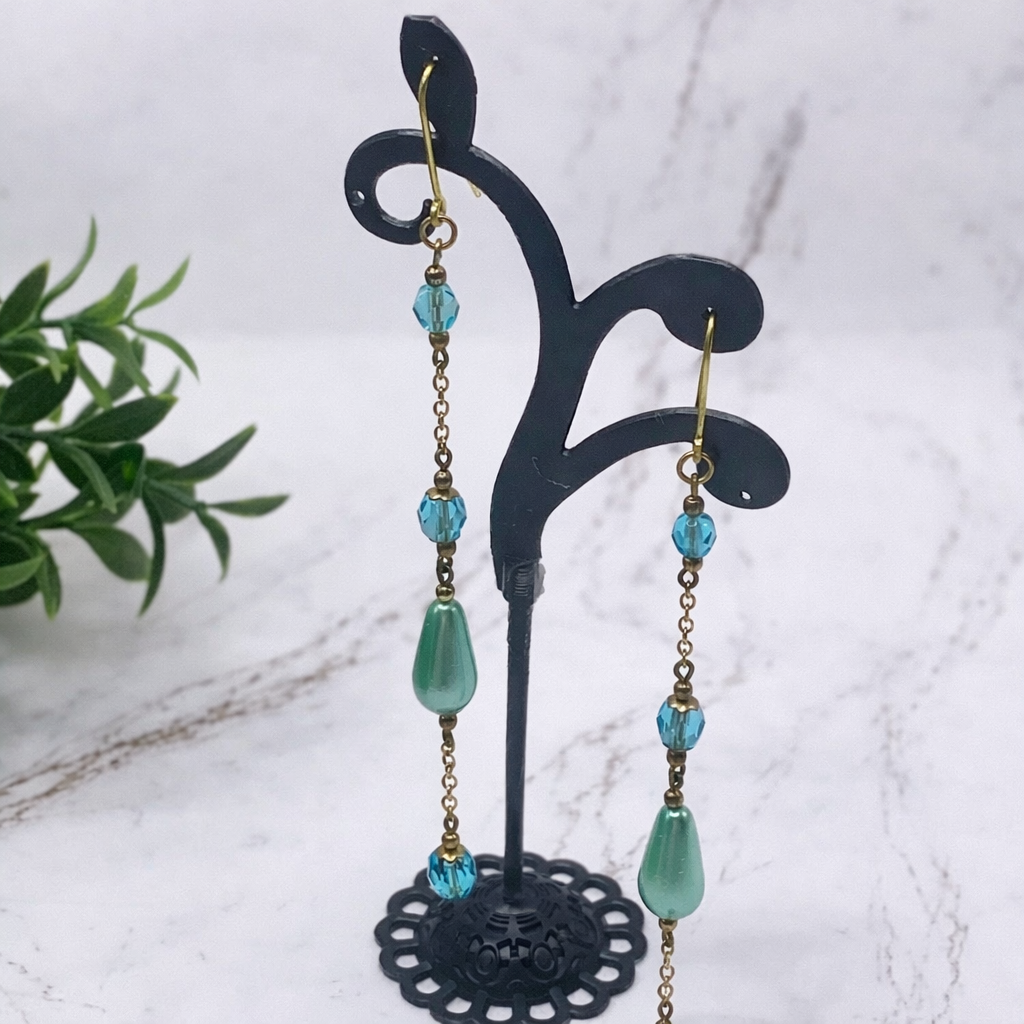 Handmade Duster Dangle Earrings -  Turquoise Crystal Faux Pearl Gold Tone Chain