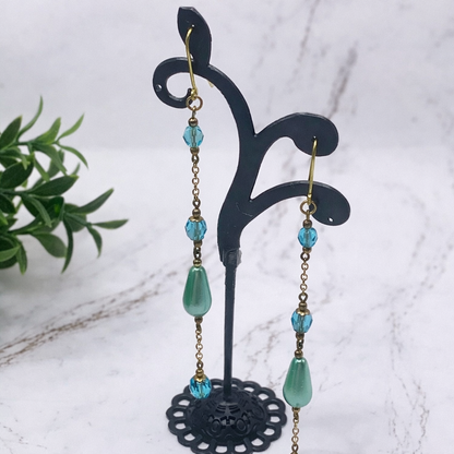 Handmade Duster Dangle Earrings -  Turquoise Crystal Faux Pearl Gold Tone Chain