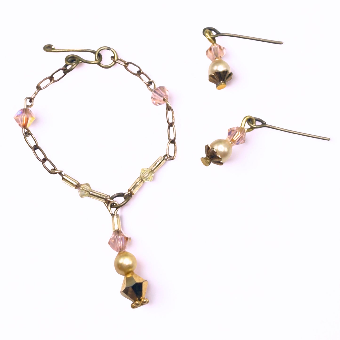 Pink Crystal Pearl Gold Y-Drop Doll Necklace & Earrings • 16 Inch Fashion Doll Jewelry