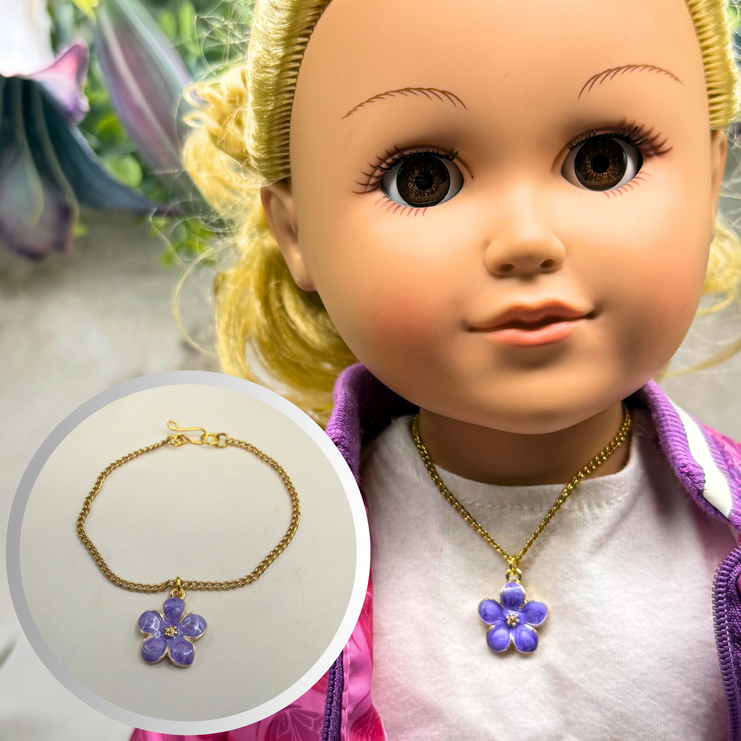 Purple Flower Charm Gold Chain Doll Necklace • 18 Inch Fashion Doll Jewelry