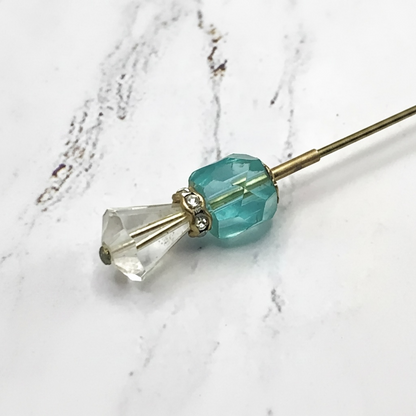 Turquoise Blue Glass Crystal -  Rhinestone Gold Tone 6” Pin • Hatpin - Stick Pin