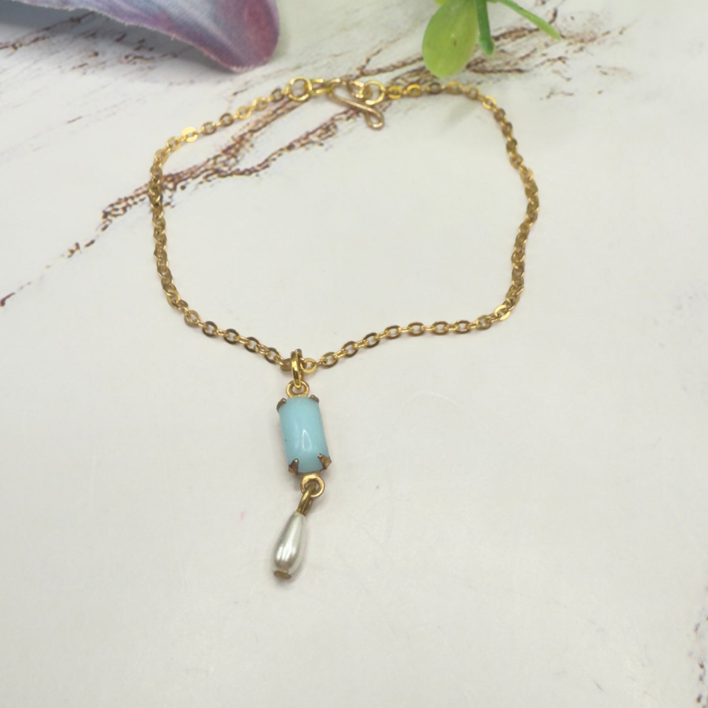 Rectangular Blue Glass & Pearl Dangle Doll Necklace • 18 Inch Fashion Doll Jewelry