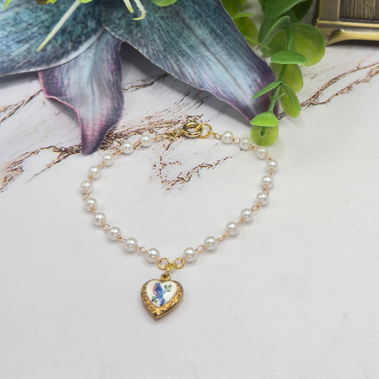 Blue Bird Design Gold Heart Charm Pearl Beaded Doll Necklace • 18 Inch Fashion Doll Jewelry