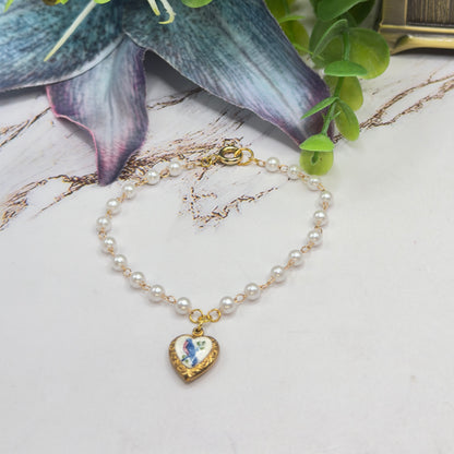 Blue Bird Design Gold Heart Charm Pearl Beaded Doll Necklace • 18 Inch Fashion Doll Jewelry