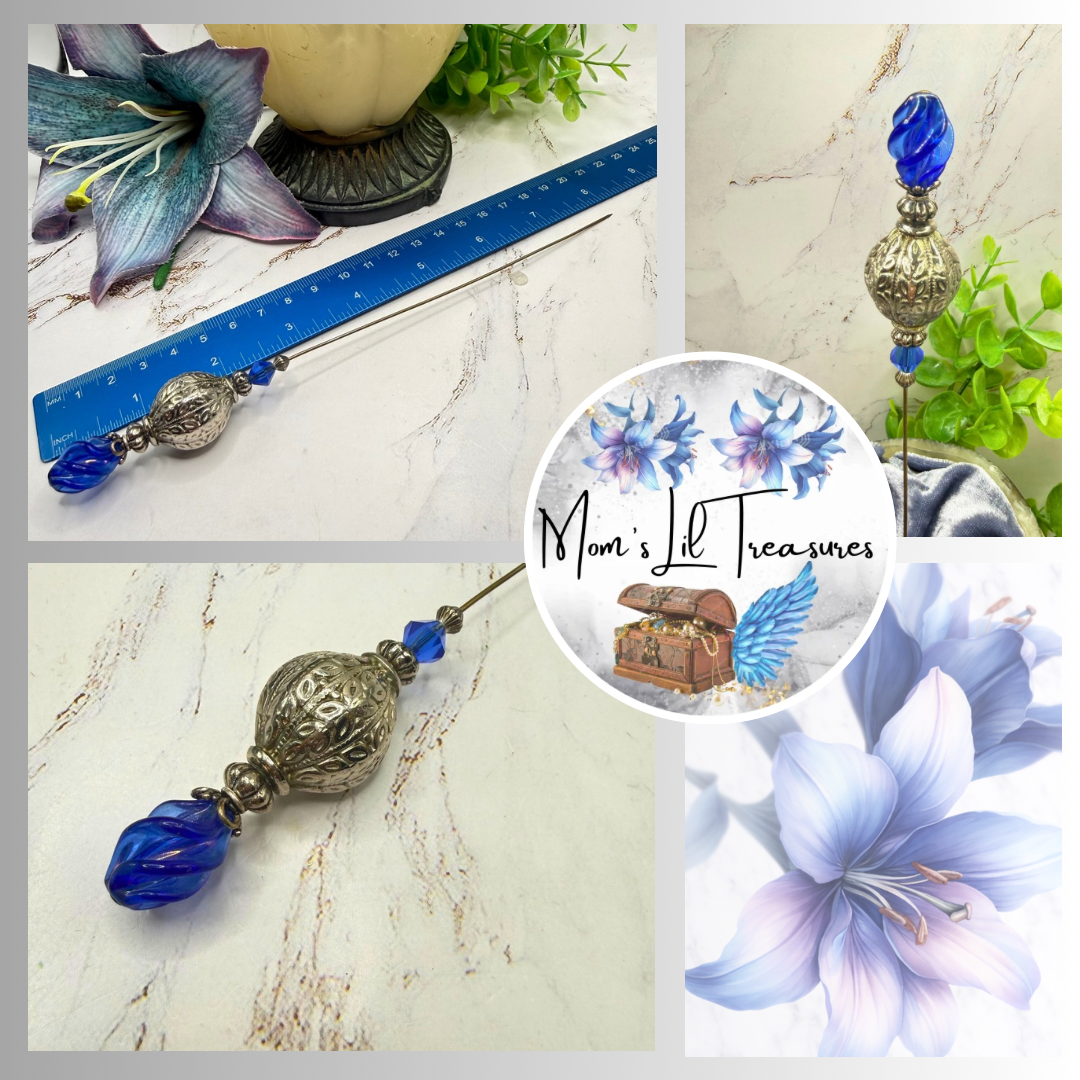 Cobalt Blue Lucite Spiral Finial Ornate Silver Tone Globe Bead Hatpin • 8 Inch
