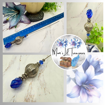 Cobalt Blue Lucite Spiral Finial Ornate Silver Tone Globe Bead Hatpin • 8 Inch