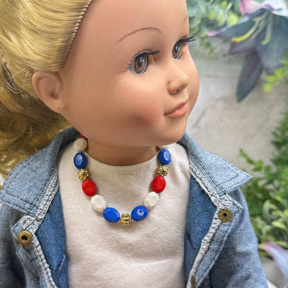 Red White Blue Beaded Gold Flower Americana Doll Necklace for 18 Inch Fashion Doll