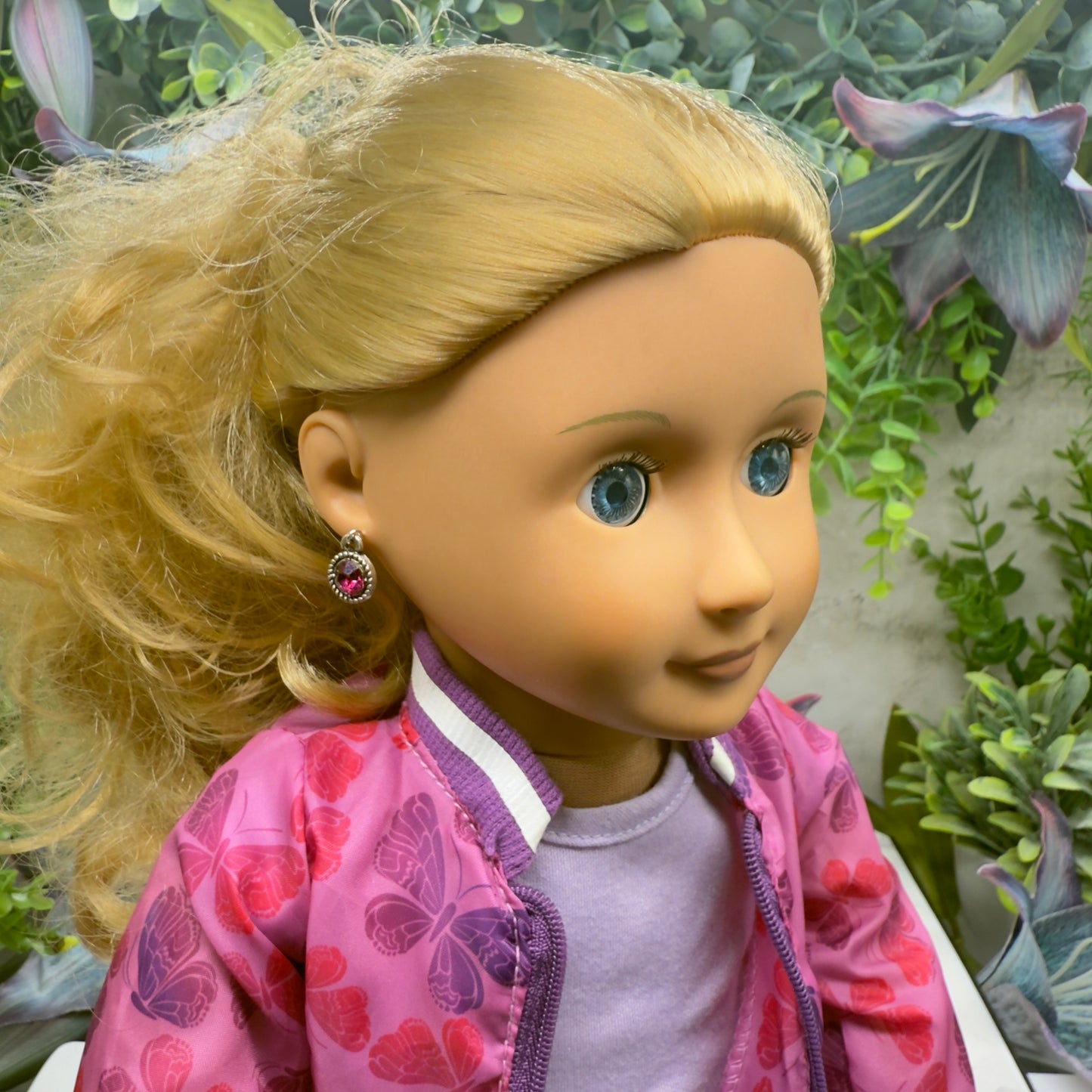 Dark Pink Round Rhinestone Dangle Doll Earrings • 18 Inch Fashion Doll Jewelry