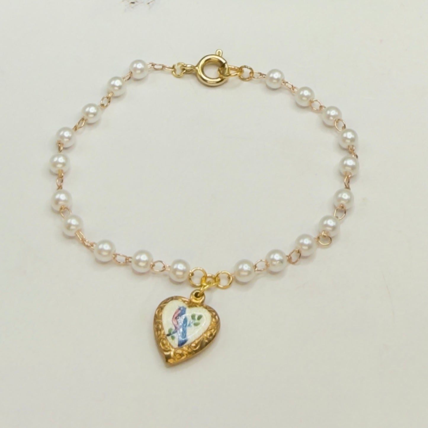 Blue Bird Design Gold Heart Charm Pearl Beaded Doll Necklace • 18 Inch Fashion Doll Jewelry