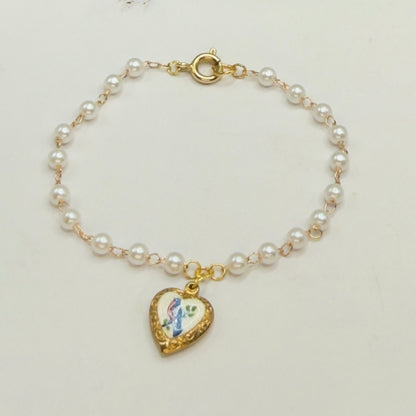 Blue Bird Design Gold Heart Charm Pearl Beaded Doll Necklace • 18 Inch Fashion Doll Jewelry