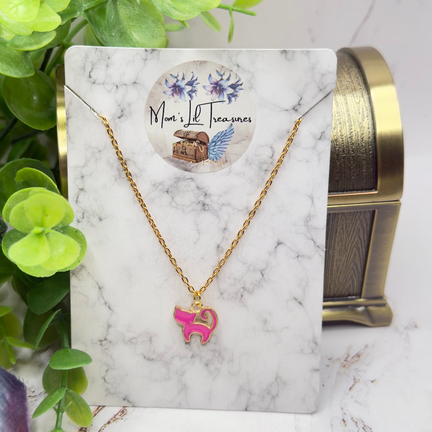 Pink Enamel Cat Charm Gold Doll Necklace • 18 Inch Fashion Doll Jewelry