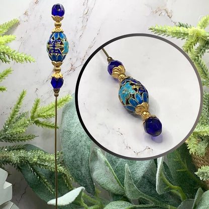 Blue Glass Crystal Metal Cloisonné Enamel Flower Design - 8” • Hatpin