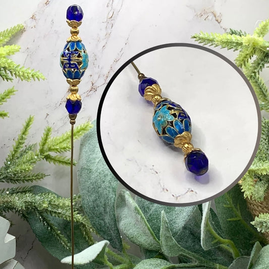 Blue Glass Crystal Metal Cloisonné Enamel Flower Design - 8” • Hatpin