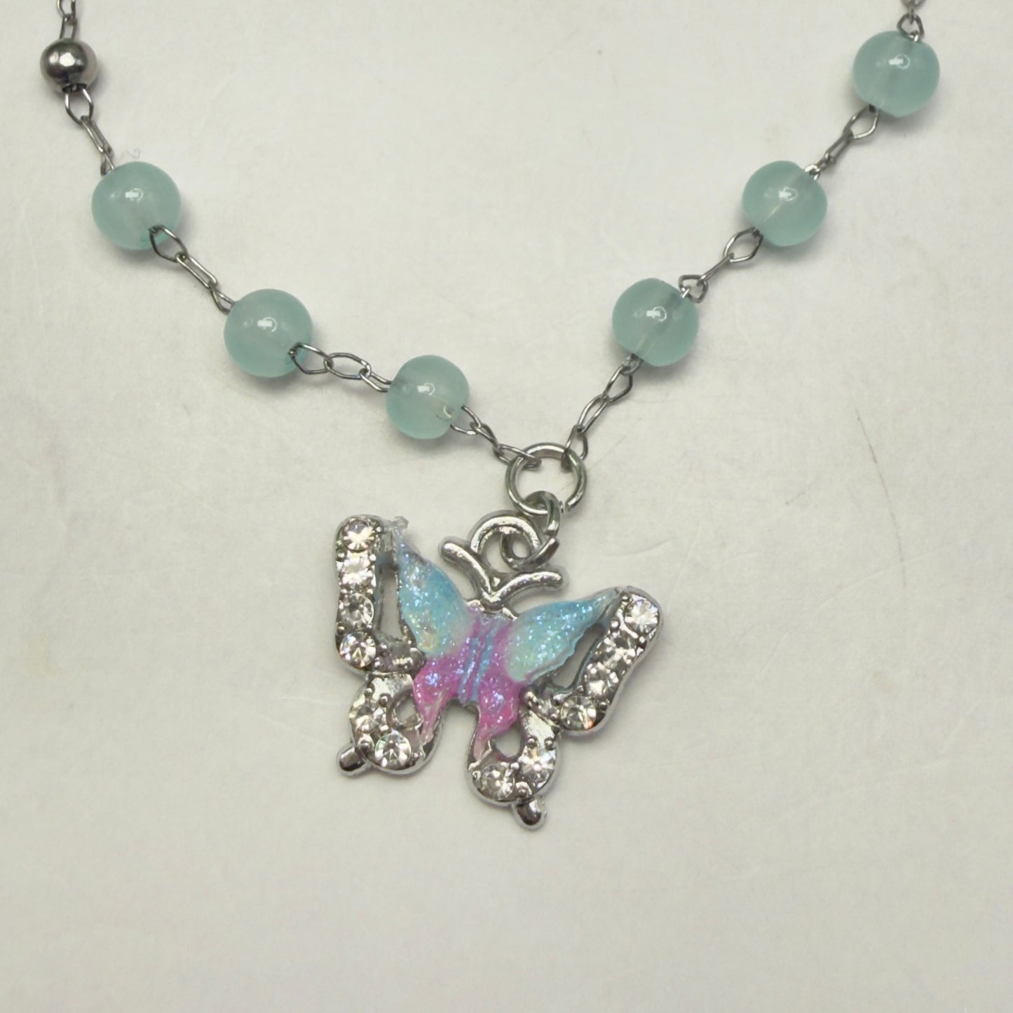 Blue Purple Butterfly Charm Light Blue Beaded Doll Necklace • 18 Inch Fashion Doll Jewelry