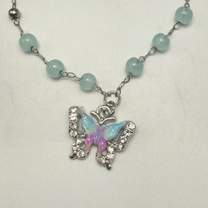 Blue Purple Butterfly Charm Light Blue Beaded Doll Necklace • 18 Inch Fashion Doll Jewelry