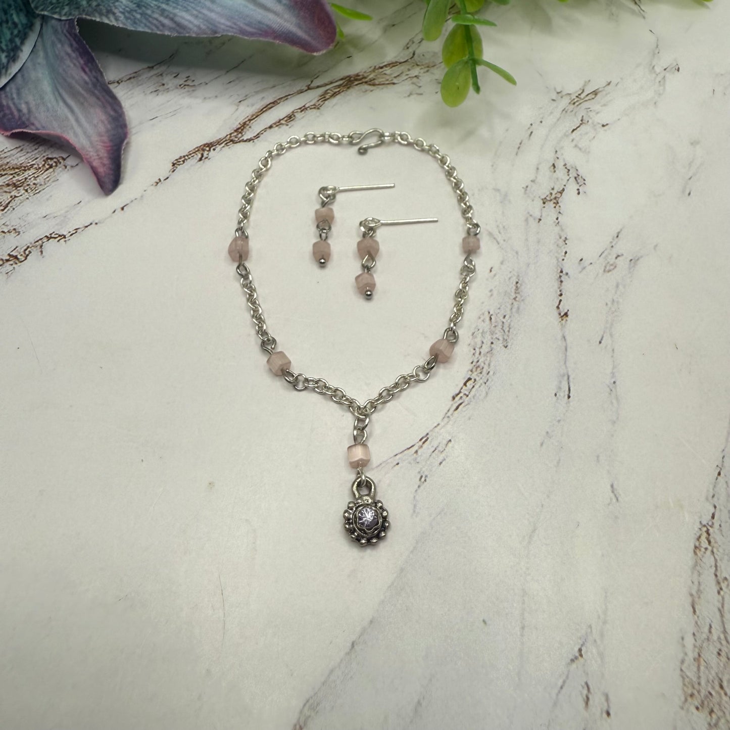 Light Pink Glass Bead Silver Chain Doll Necklace & Earrings • 18 Inch Fashion Doll Jewelry