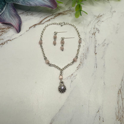 Light Pink Glass Bead Silver Chain Doll Necklace & Earrings • 18 Inch Fashion Doll Jewelry