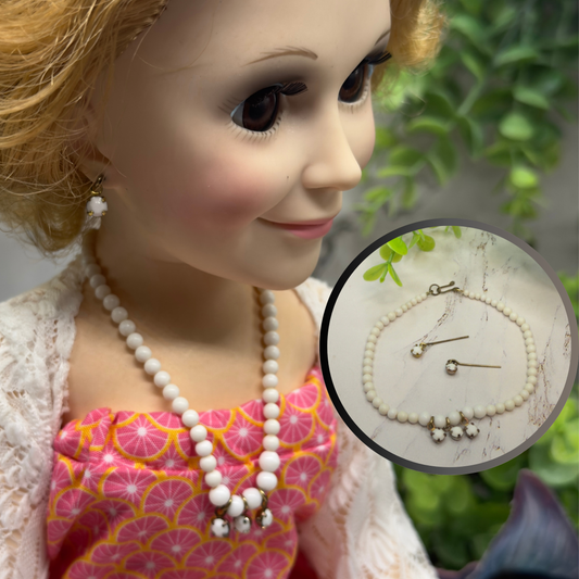 White Rhinestone & Glass Beaded Doll Necklace & Earrings Set • 18 Inch Fashion Doll Jewelry