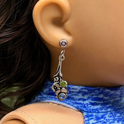 Blue Green Rhinestone Silver Flower Design Earring DANGLE ONLY• 18” Doll Jewelry