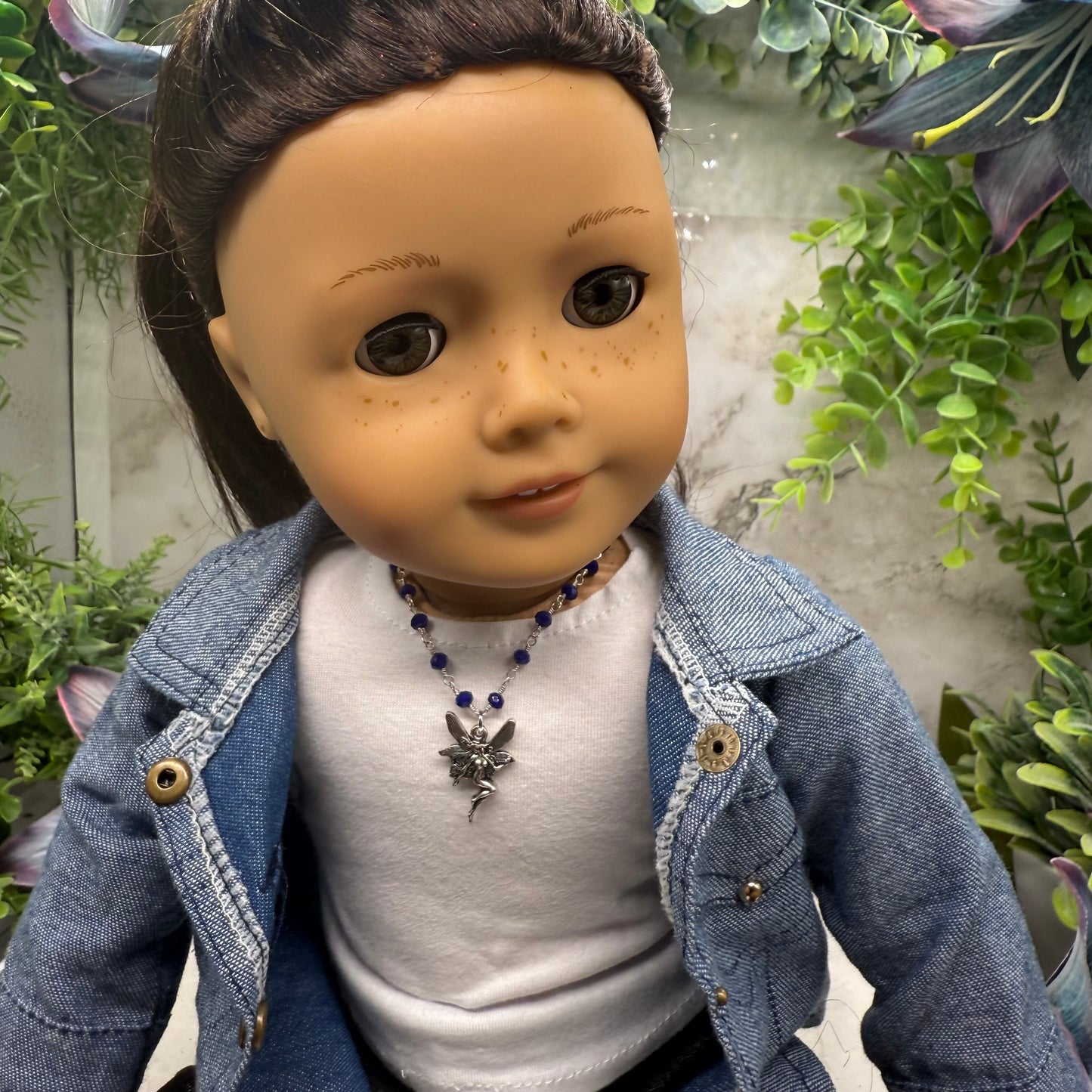 Silver-Tone Fairy Pendant Blue Glass Crystal Beaded Doll Necklace • 18 Inch Fashion Doll Jewelry