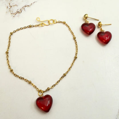 Burgundy Red Heart Charm Gold Chain Doll Necklace & Earrings Set • 18 Inch Fashion Doll Jewelry