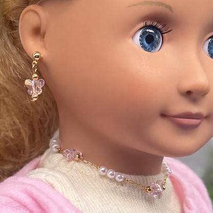 Light Pink Acrylic Crystal & Pearl Beaded Doll Necklace and Earrings Set • 18 Inch Fashion Doll Jewelry