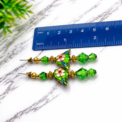 Fashion Green Crystal & Cloisonné Gold Tone Dangle Earrings - Post- Handmade