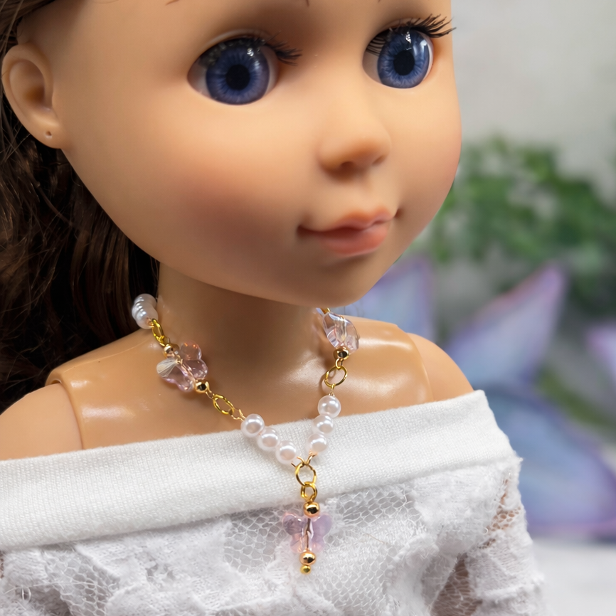 Light Pink Crystal Butterfly & Pearl Beaded Doll Necklace • 14 Inch Fashion Doll Jewelry