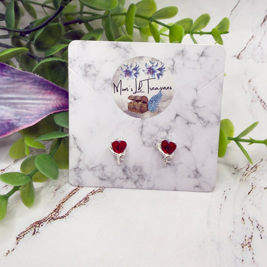 Red Rhinestone Heart Silver Key Post Doll Earrings • 2mm Post for 18 Inch Fashion Doll
