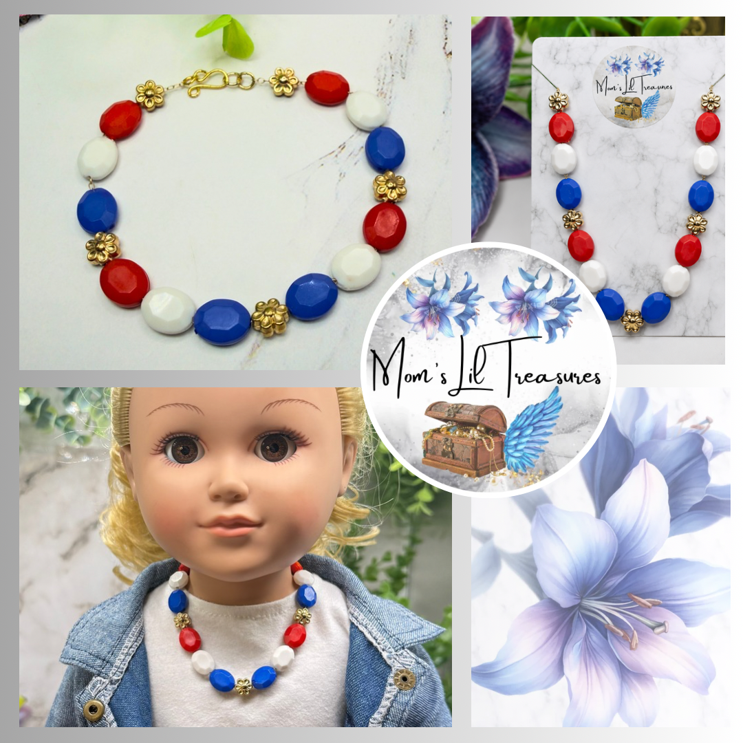 Red White Blue Beaded Gold Flower Americana Doll Necklace for 18 Inch Fashion Doll