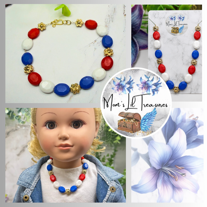 Red White Blue Beaded Gold Flower Americana Doll Necklace for 18 Inch Fashion Doll