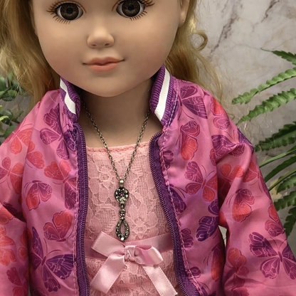 Red AB Rhinestone Dangle Pendant Gun Metal Doll Necklace • 18 Inch Doll Jewelry