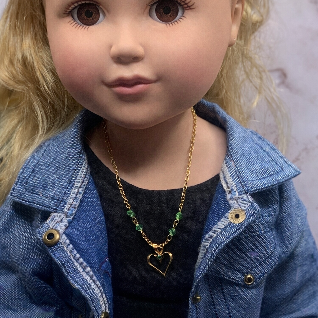 Gold Open Heart Pendant Green Glass Crystal Accent Doll Necklace • 18 Inch Doll Jewelry
