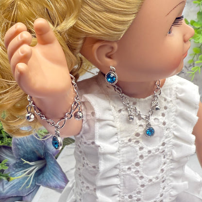 Round Turquoise Rhinestone Pendant Silver Link Doll Necklace Earrings Bracelet Set • 18 Inch Fashion Doll Jewelry