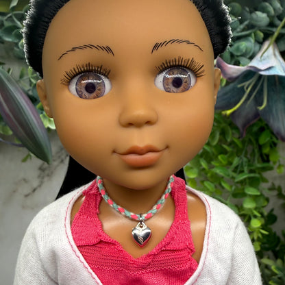 Pink Blue White Braided Thread Doll Necklace w/ Silver Heart Charm • 14 Inch Fashion Doll Jewelry