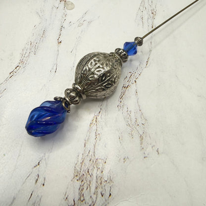 Cobalt Blue Lucite Spiral Finial Ornate Silver Tone Globe Bead Hatpin • 8 Inch