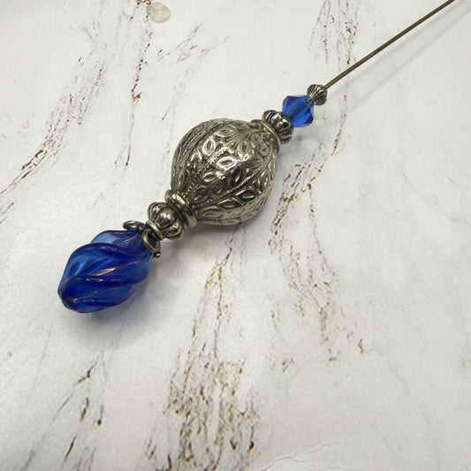 Cobalt Blue Lucite Spiral Finial Ornate Silver Tone Globe Bead Hatpin • 8 Inch