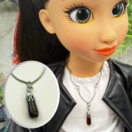 Dark Ruby Red Glass Teardrop Pendant Doll Necklace • 18 Inch Fashion Doll Jewelry