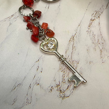 Silver Heart Top Key Charm Red Glass Stone Dangles Key Chain / Car Charm