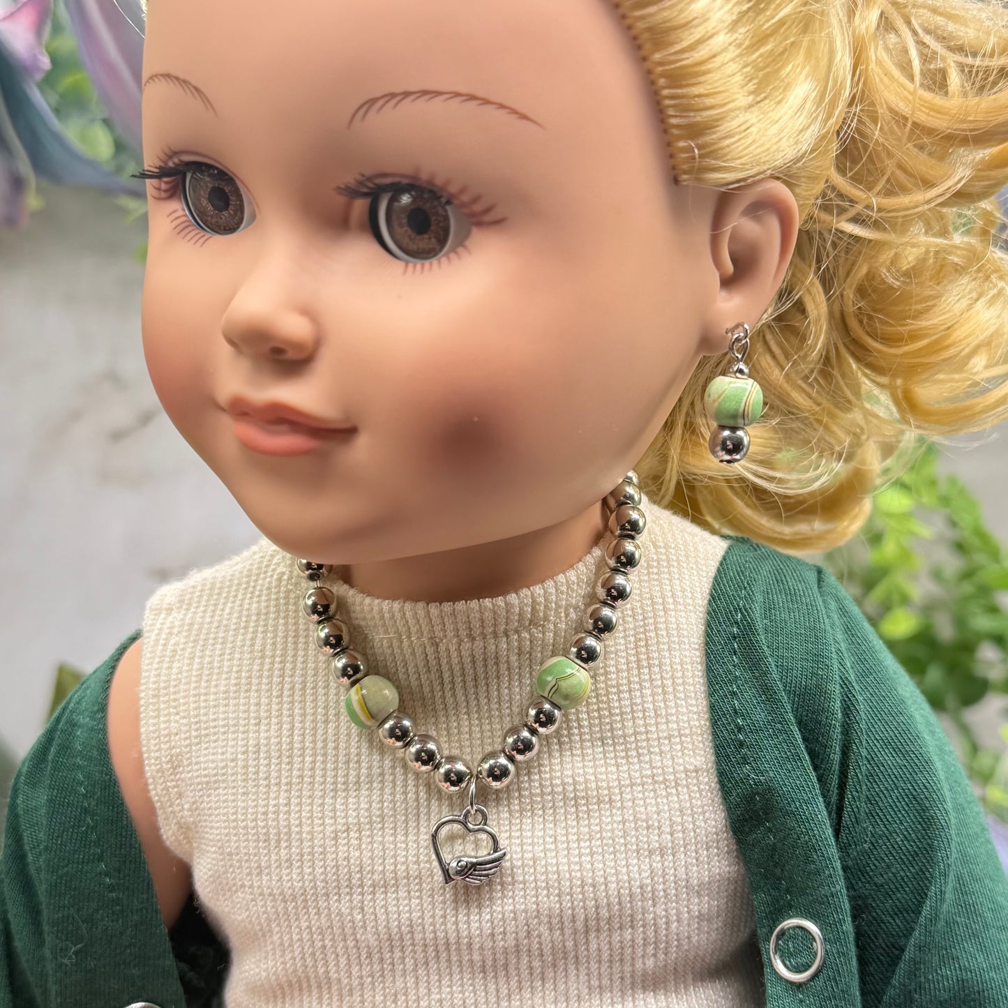Green Swirl Pattern & Silver Beaded Winged Heart Charm Doll Necklace & Earrings Set • 18 Inch Fashion Doll Jewelry