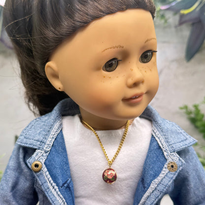 Burgundy Rose Design Round Cloisonné Pendant Doll Necklace • 18 Inch Fashion Doll Jewelry