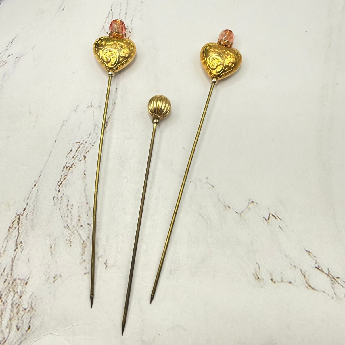 Set of 3 Stick Pins: Gold Tone Puffy Heart Floral Design Pink Glass Crystal Accent - Ribbed Design Small Round