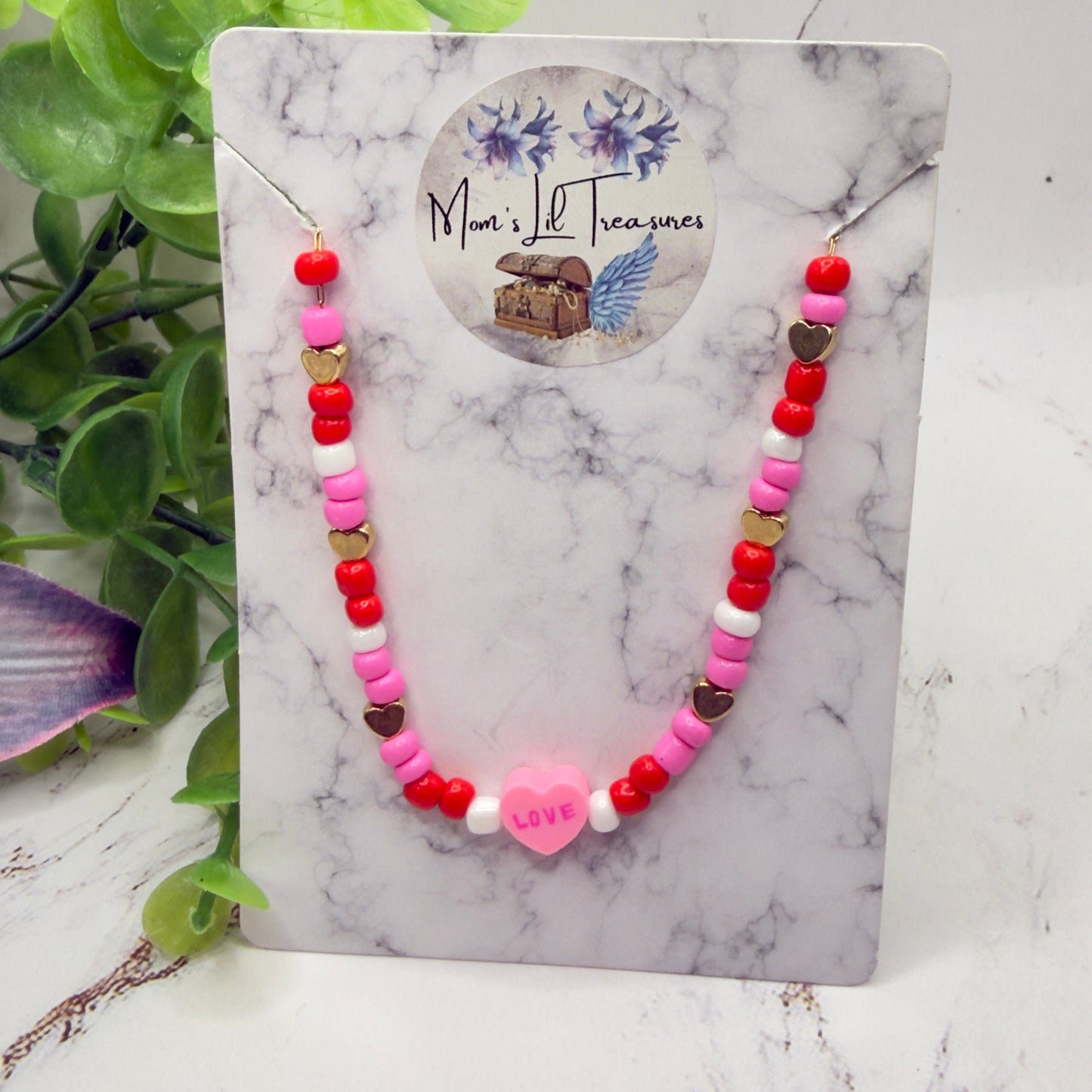 Pink Red White Beaded Love Heart Valentine’s Day Necklace • 18 Inch Fashion Doll Jewelry