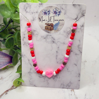 Pink Red White Beaded Love Heart Valentine’s Day Necklace • 18 Inch Fashion Doll Jewelry